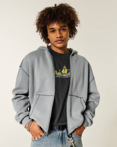 Boxy Waffle-Lined Zip-Up Hoodie