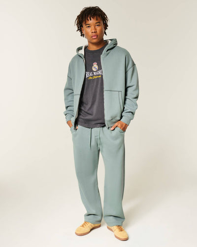 Boxy Waffle-Lined Zip-Up Hoodie