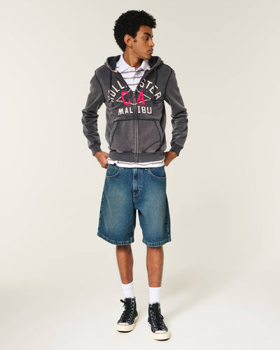 Washed Zip-Up Logo Graphic Hoodie