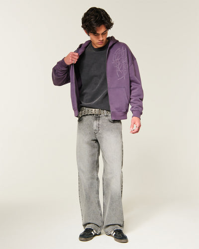 Boxy Zip-Up Embroidered Graphic Hoodie
