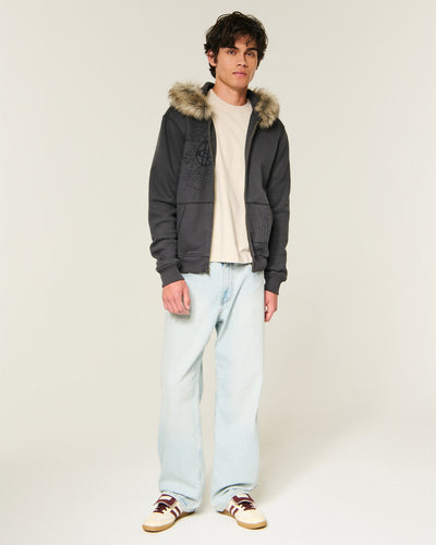 Hollister Feel Good Faux Fur Trim Zip-Up Graphic Hoodie