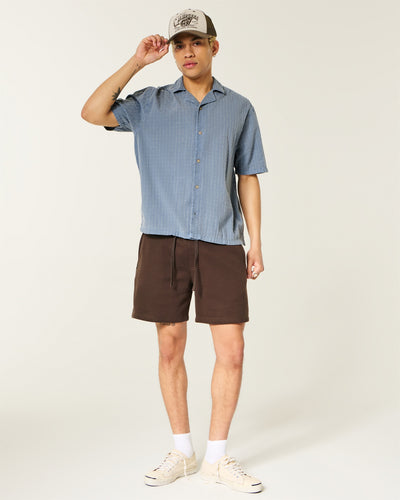 Boxy Short-Sleeve Textural Cotton Shirt