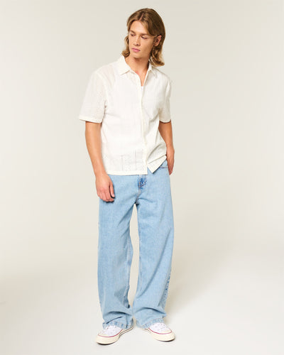 Boxy Short-Sleeve Eyelet Button-Through Shirt