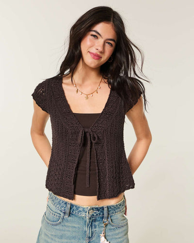 Short-Sleeve Tie Front Open-Stitch Cardigan