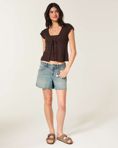 Short-Sleeve Tie Front Open-Stitch Cardigan