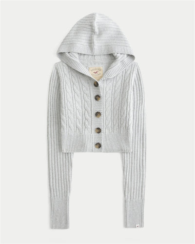 Shrunken Cable-Knit Hooded Cardigan