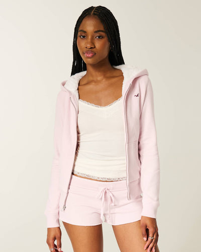 Faux Fur-Lined Zip-Up Hoodie