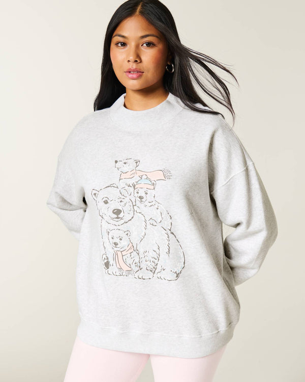 Oversized Mock-Neck Puff Print Winter Graphic Sweatshirt