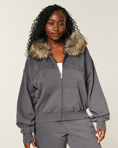Hollister Feel Good Faux Fur Trim Logo Zip-Up Hoodie