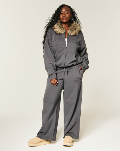 Hollister Feel Good Faux Fur Trim Logo Zip-Up Hoodie