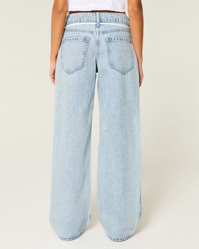 Low-Rise Light Wash Tie-Waist Baggy Jeans