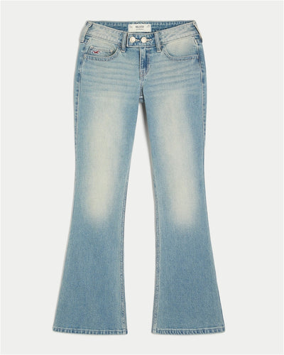 Low-Rise Medium Wash Tab Waist Y2K Bootcut Jeans