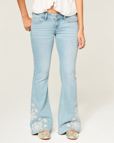 Ultra Low-Rise Light Wash Floral Embroidery Flare Jeans