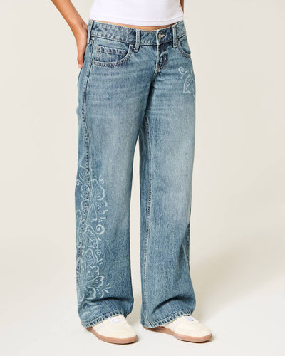Ultra Low-Rise Medium Wash Floral Print Baggy Jeans