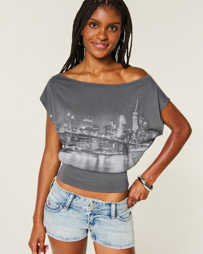 Off-the-Shoulder Short-Sleeve New York Graphic Dolman Top
