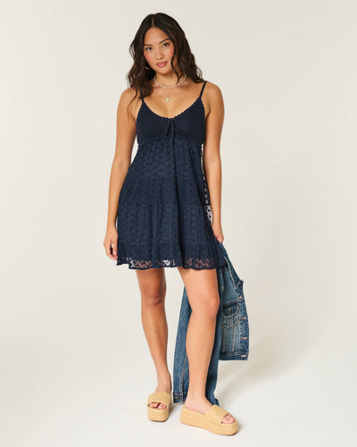 Crochet-Style Babydoll Mini Dress